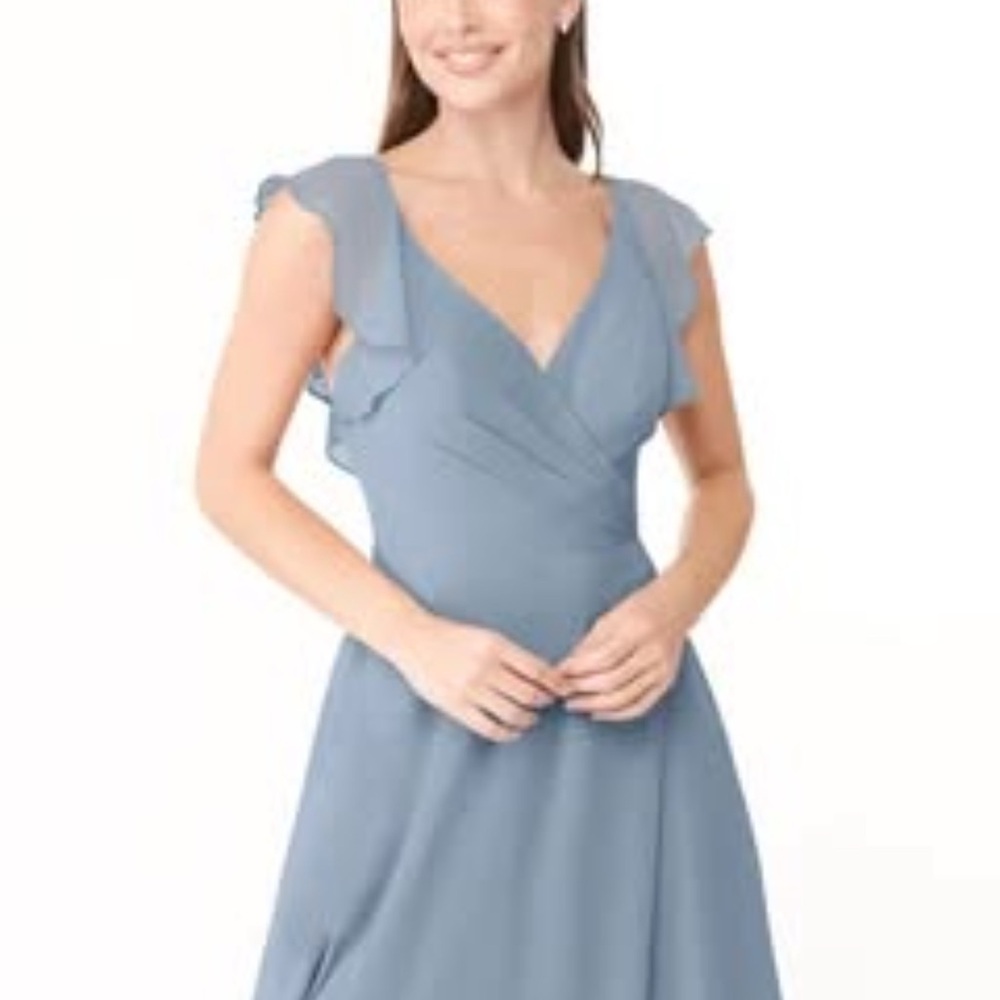 Azazie Yoko Dusty Blue A-Line Bridesmaid Dress Size 18